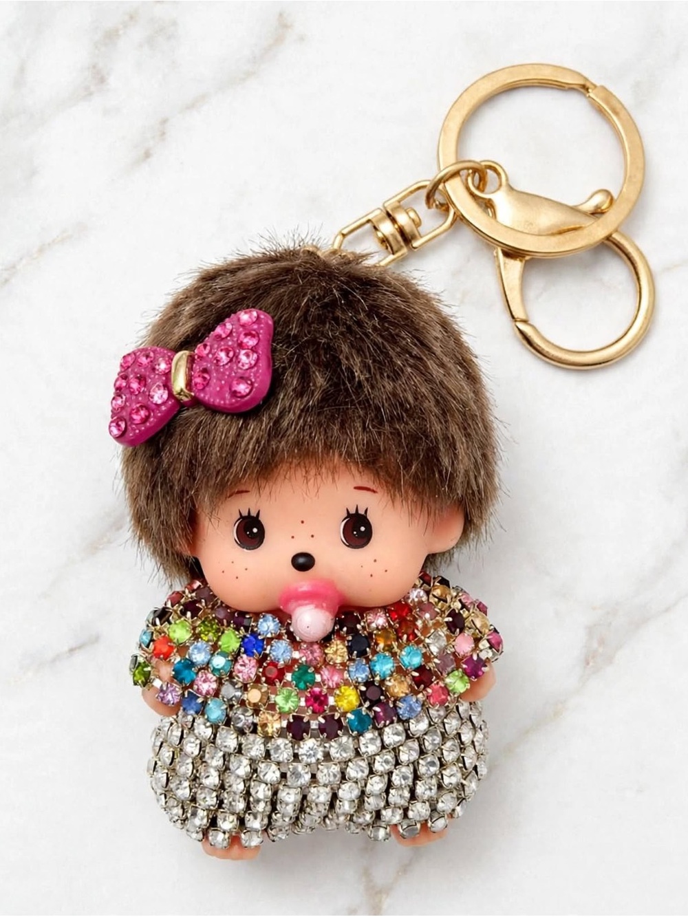 Rhinestone Doll Key & Card Holder Charm in Brown with Pink Bow